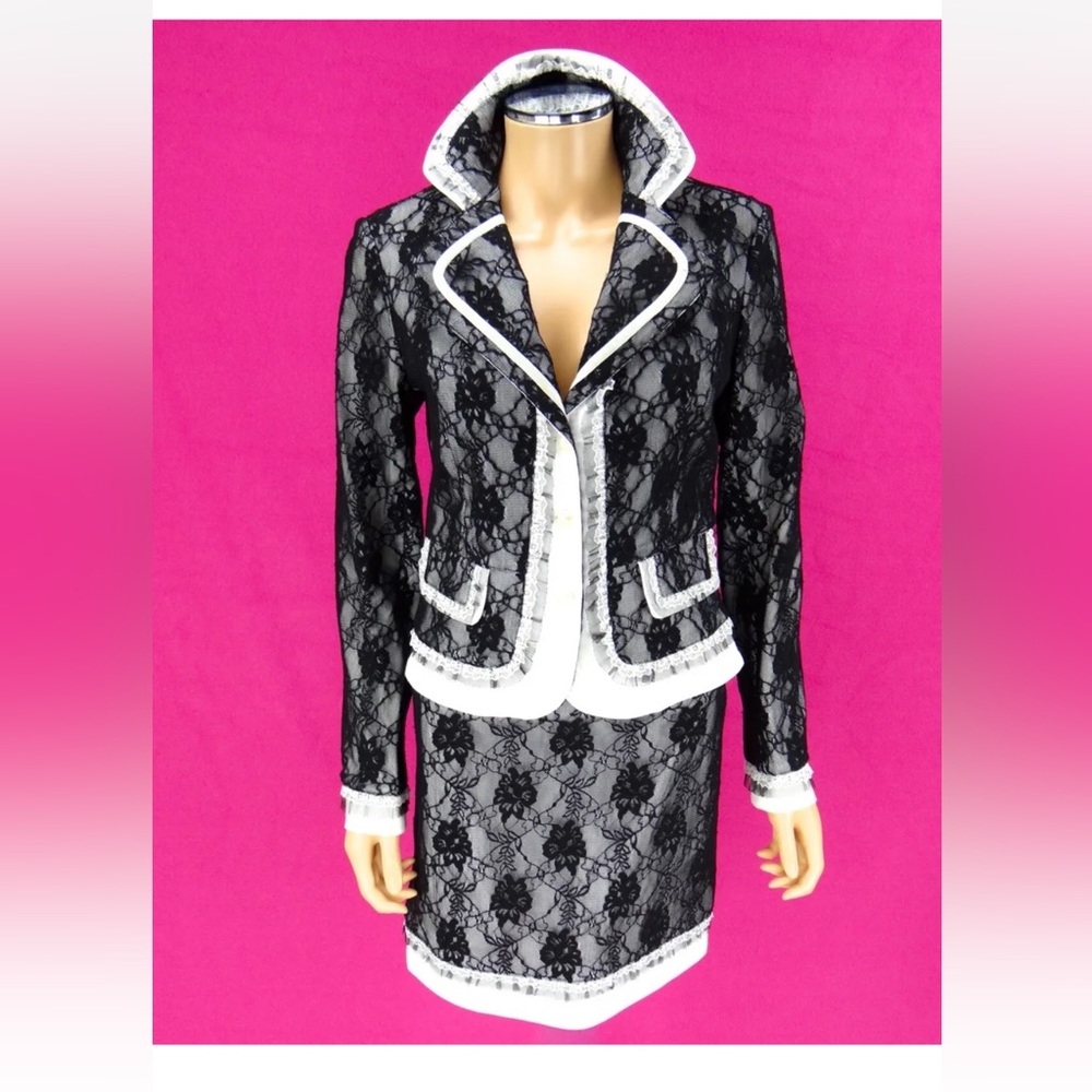 CACHE  Black White Lace Jacket Skirt Suit Size 6 - Picture 8 of 8